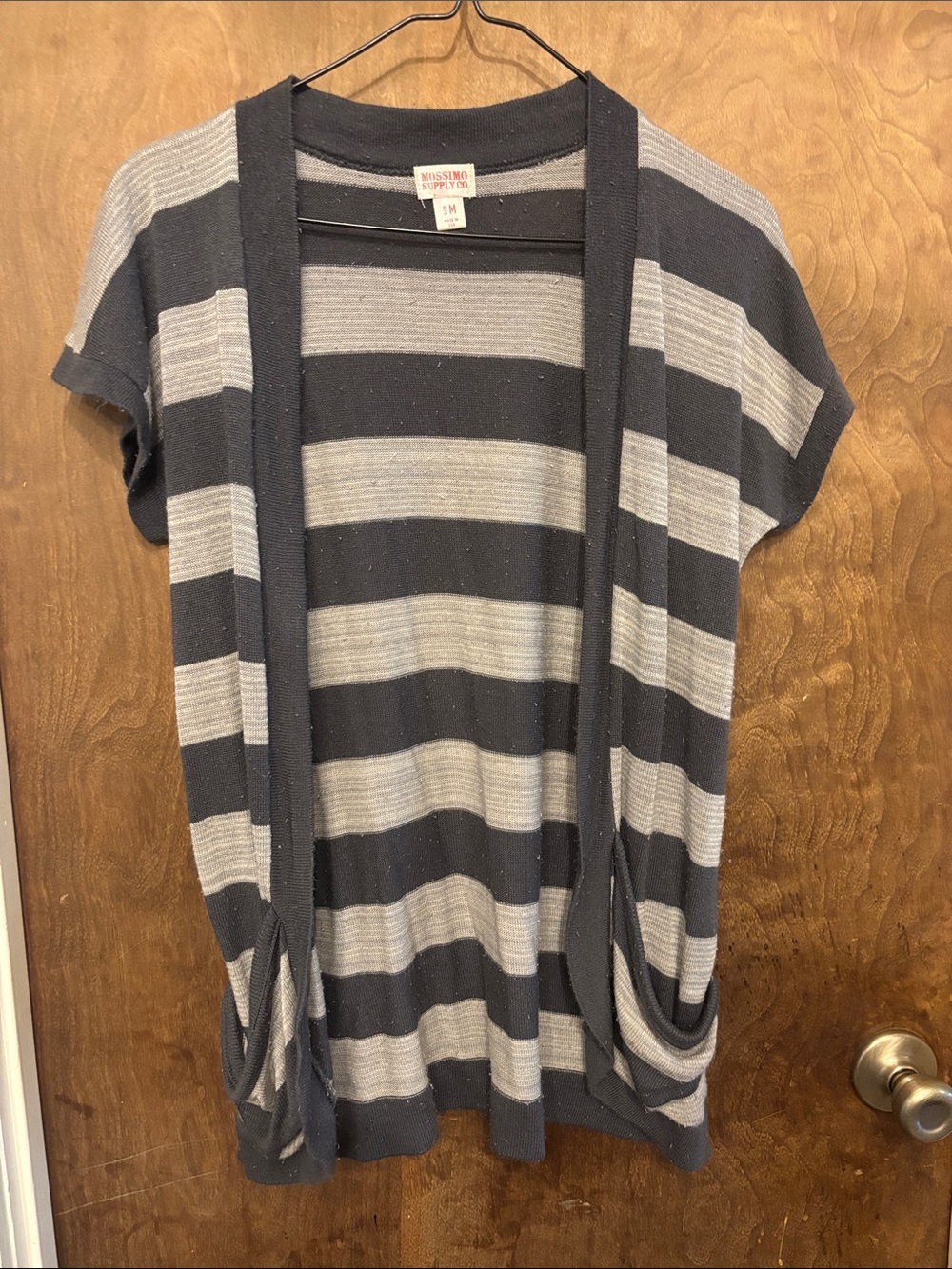Mossimo Supply Co. Gray & Navy Striped Open-Front Short Sleeve Cardigan
